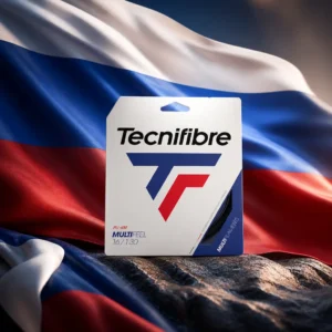 cardio tennis class Lauderdale Manors — the Tecnifibre Multifeel 16g Tennis String Set and the national flag of Russia, the country of Chelyabinsk, composed by the model into a single photoreal still life. The white, blue and red horizontal bands fill the frame as taut fabric behind the coiled natural-coloured multifilament set and its packet, cold northern light raking across the weave, no people and no lettering.