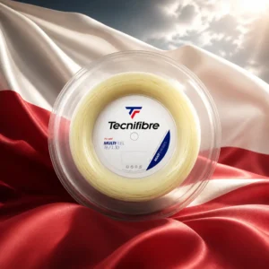 cardio tennis class Lazy Lake — the Tecnifibre Multifeel 17g Tennis String Reel and the national flag of Poland, the country of Jastrzębie-Zdrój, composed by the model into a single photoreal still life. The white-over-red bicolour hangs taut and evenly lit behind the standing 200-metre reel of natural multifilament, soft directional light picking out the wound coils, no people and no lettering.