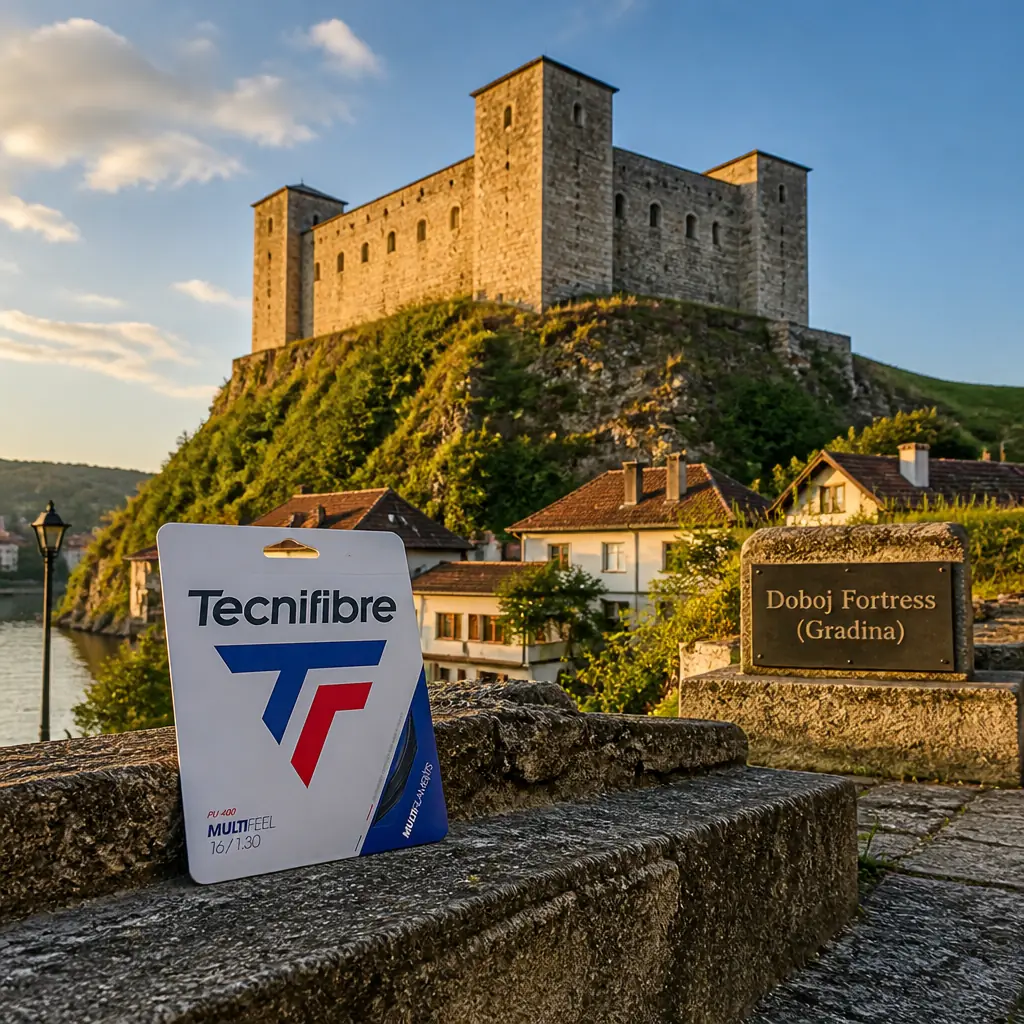 cardio tennis class Melrose Manors — the Tecnifibre Multifeel 17g Tennis String Set photographed at Doboj Fortress (Gradina) on the hill above Doboj, Bosnia and Herzegovina. Hard midday summer sun on hewn ashlar walls a metre thick during the medieval festival: re-enactors in mail crossing the inner ward mid-stride, a smith's fire smoking, children queueing at the archery butts, banners snapping on the northern tower, the Bosna valley bleached white beyond the parapet. The string set rests in a sunlit embrasure of the wall.
