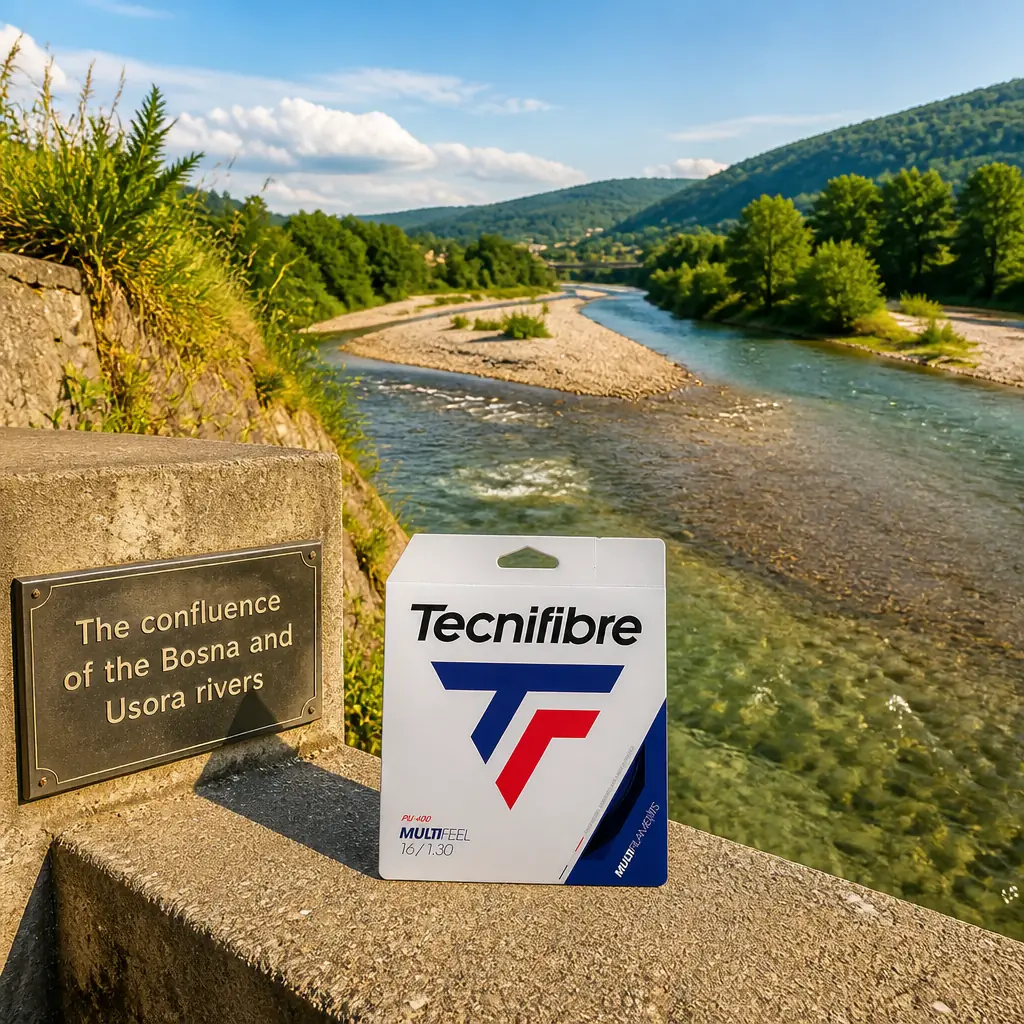 cardio tennis class Melrose Manors — the Tecnifibre Multifeel 17g Tennis String Set photographed at the Roman castrum and canabae at Makljenovac south of Doboj, Bosnia and Herzegovina, where the Usora runs into the Bosna. Low misty early morning at ground level: the excavated hypocaust pillars of the bathhouse standing in wet grass, two archaeologists kneeling with trowels and a bucket while a third sets a level rod, river mist lying flat over the confluence behind, dew and long shadows. The string set sits on the corner of a cut stone block at the edge of the trench.