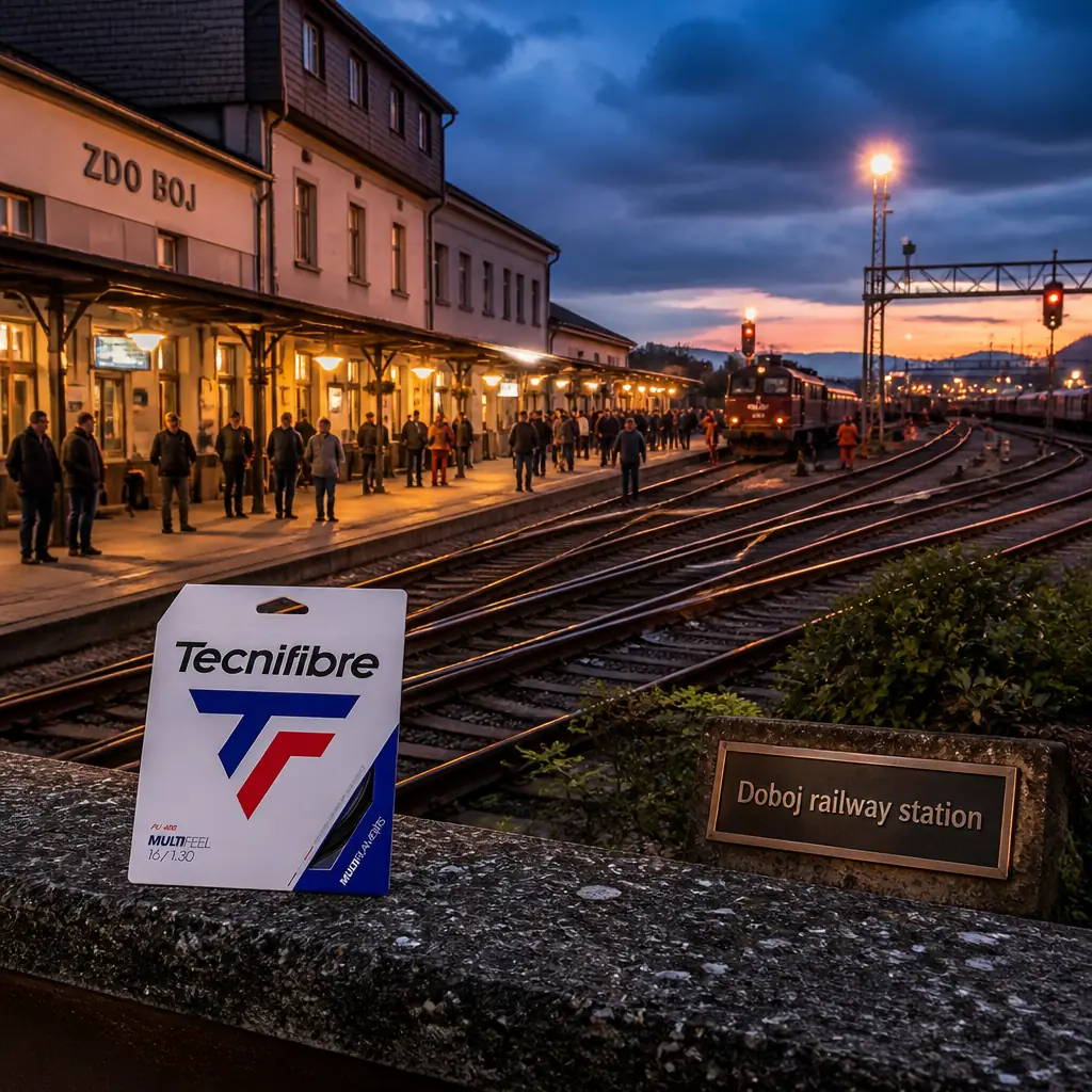 cardio tennis class Melrose Manors — the Tecnifibre Multifeel 17g Tennis String Set photographed at the Doboj railway junction beside the Bosna in Doboj, Bosnia and Herzegovina. Blue hour, wide across the marshalling yard: dozens of sidings glinting under floodlight masts, a shunter easing a rake of wagons, a shunting crew walking the ballast with lamps, signal gantries and a lit signal box, the fortress hill a black silhouette above the yard. The string set rests on a cable duct cover in the foreground.