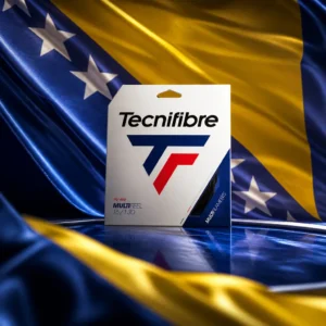 cardio tennis class Melrose Manors — the Tecnifibre Multifeel 17g Tennis String Set and the national flag of Bosnia and Herzegovina, the country of Doboj, composed by the model into a single photoreal still life. The blue field with its yellow triangle and diagonal line of white stars hangs taut behind the coiled natural-coloured multifilament set and its packet, cool even light, no people and no lettering.