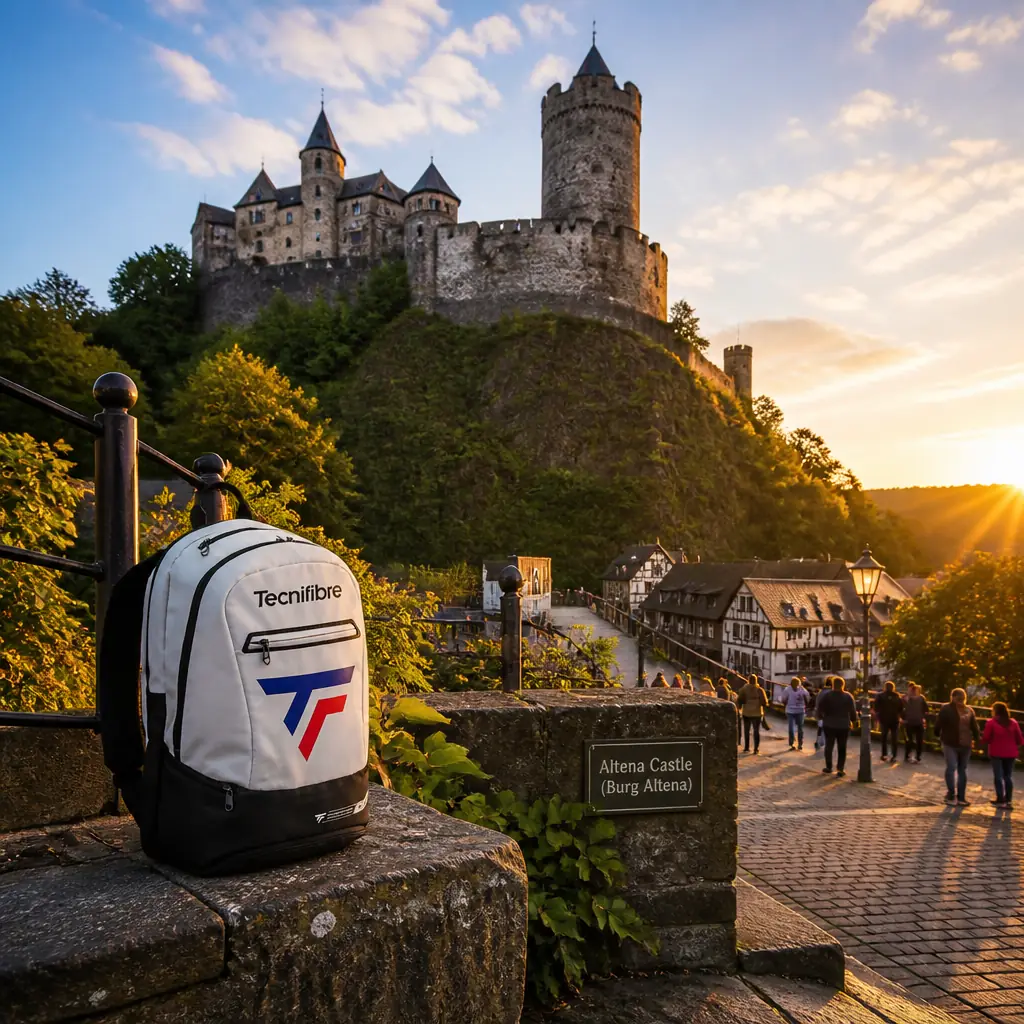 cardio tennis class Melrose Park — Altena Castle (Burg Altena) in Altena, A large grey-stone hilltop castle with round towers and a keep, standing on a wooded hill spur high above the town and the Lenne river, visible from throughout Altena below