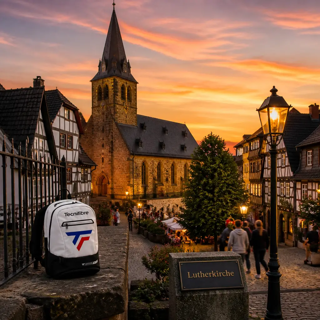 cardio tennis class Melrose Park — Lutherkirche in Altena, A stone parish church with a pointed steeple standing at An der Kirche in central Altena, its plain medieval stonework set apart from the surrounding half-timbered town houses