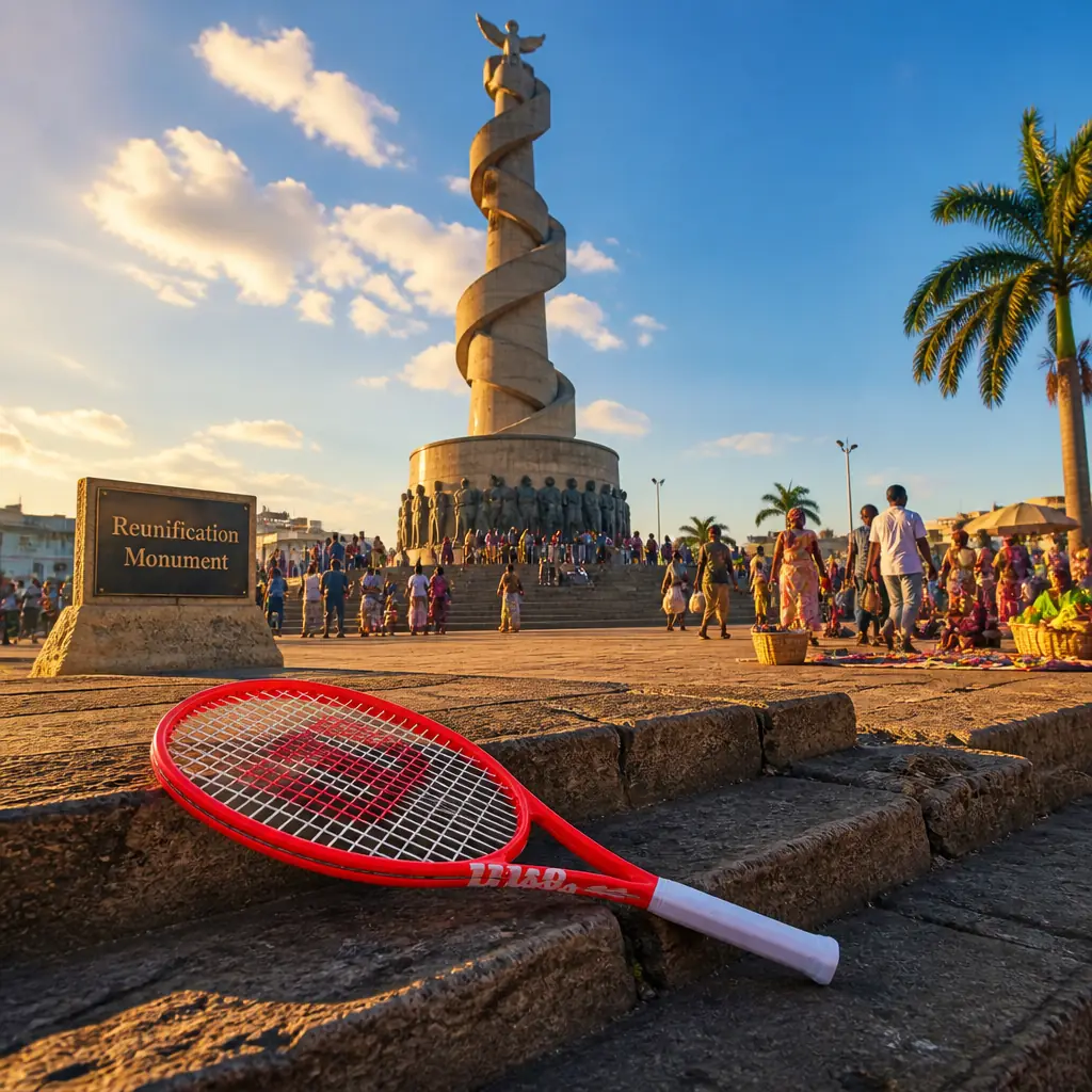 cardio tennis classes 33009 — the racquet resting on a worn stone step at the base of the Reunification Monument in Yaoundé in early raking light, a drumming group rehearsing on the plinth and street sweepers working around the bronze figures