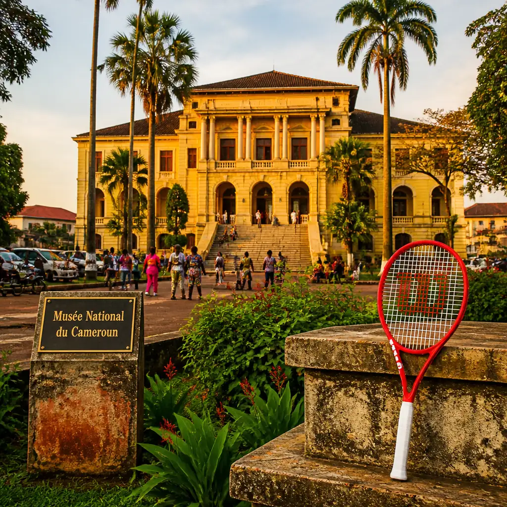 cardio tennis classes 33009 — the racquet propped on a stone balustrade on the broad staircase of the Musée National du Cameroun on Place du 20 Mai at bright midday, school groups streaming up the steps and a guide raising a mask for the crowd