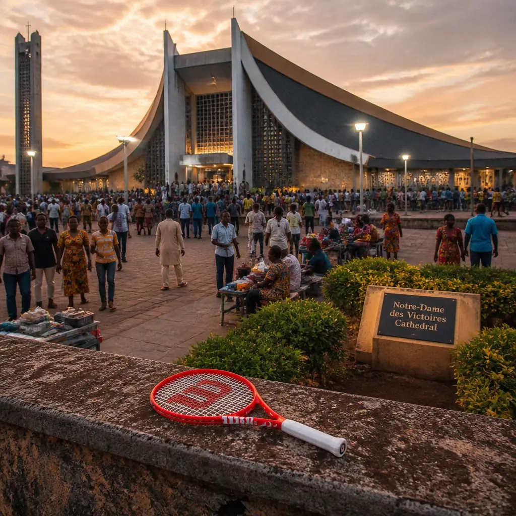 cardio tennis classes 33009 — an elevated wide view over Notre-Dame des Victoires Cathedral in Yaoundé at golden hour with the racquet small on a low wall in the foreground, a huge congregation pouring out of the doors and a choir still singing inside