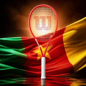 cardio tennis classes 33009 — the racquet composed with the flag of Cameroon, the green, red and yellow vertical bands with the single gold star centred behind the frame