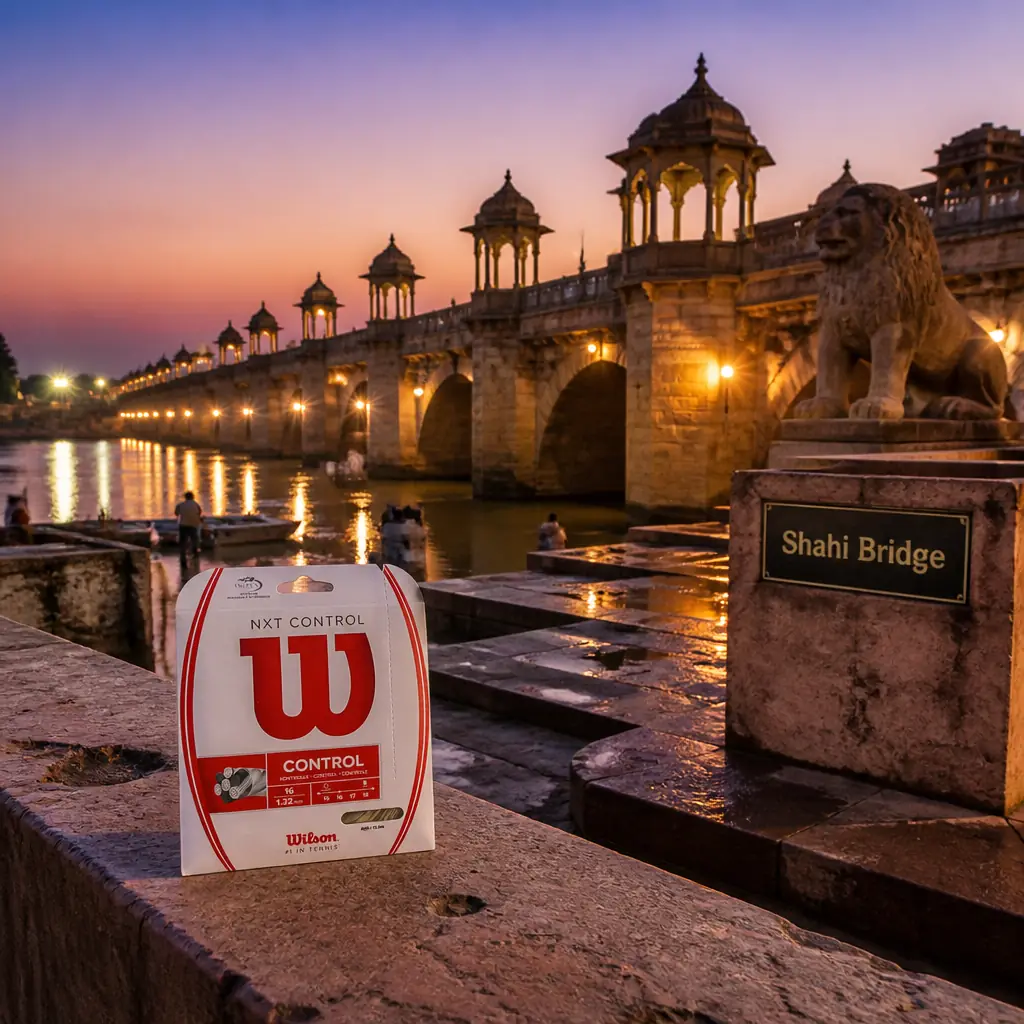 cardio tennis classes 33315 — close shallow-focus frame of the string set on a red-painted ledge beside the gateway of the Lal Darwaza Masjid in Jaunpur after dark, lamps lit at the entrance and neighbours gathering on charpoys in the lane outside