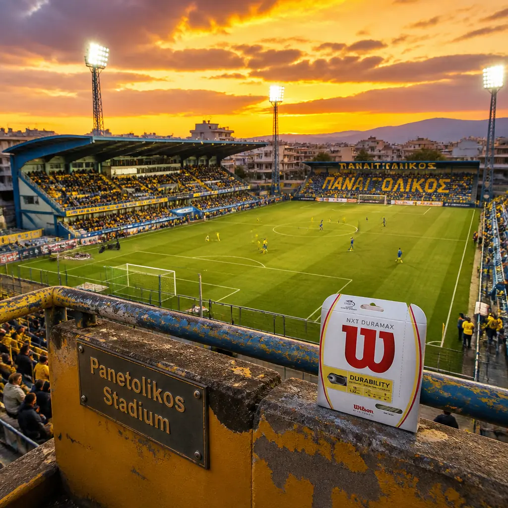 cardio tennis classes 33351 — Panetolikos Stadium in Agrinio, A rectangular football stadium with a covered concrete grandstand along one long side, tiered open seating opposite, and floodlight towers at the corners, enclosed within a city-block sports ground