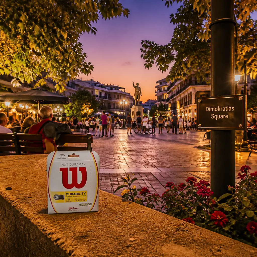 cardio tennis classes 33351 — Dimokratias Square in Agrinio, A broad, paved central plaza lined with tall plane trees and cafe awnings, ringed by multi-storey buildings with ground-floor arcades, forming the open civic heart of the city