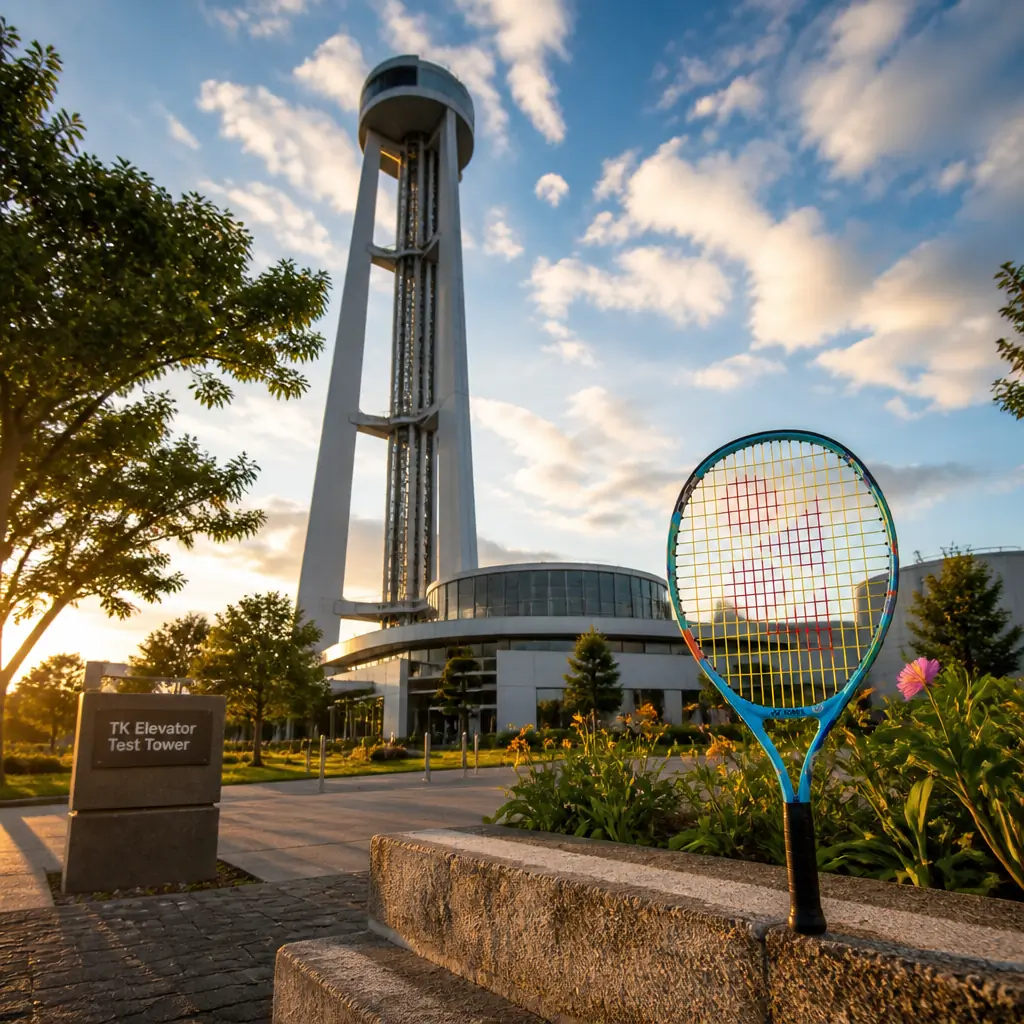 cardio tennis classes for endorphins — TK Elevator Test Tower in Rottweil, An enormously tall, slender concrete cylinder standing entirely alone on open farmland on a ridge above the town, wrapped from bottom to top in a spiralling skin of white PTFE-coated glass-fibre membrane that catches the light in helical bands. It has no windows in the usual sense and no neighbouring buildings whatever, so it reads as a single white column against sky and fields, visible from most of Rottweil