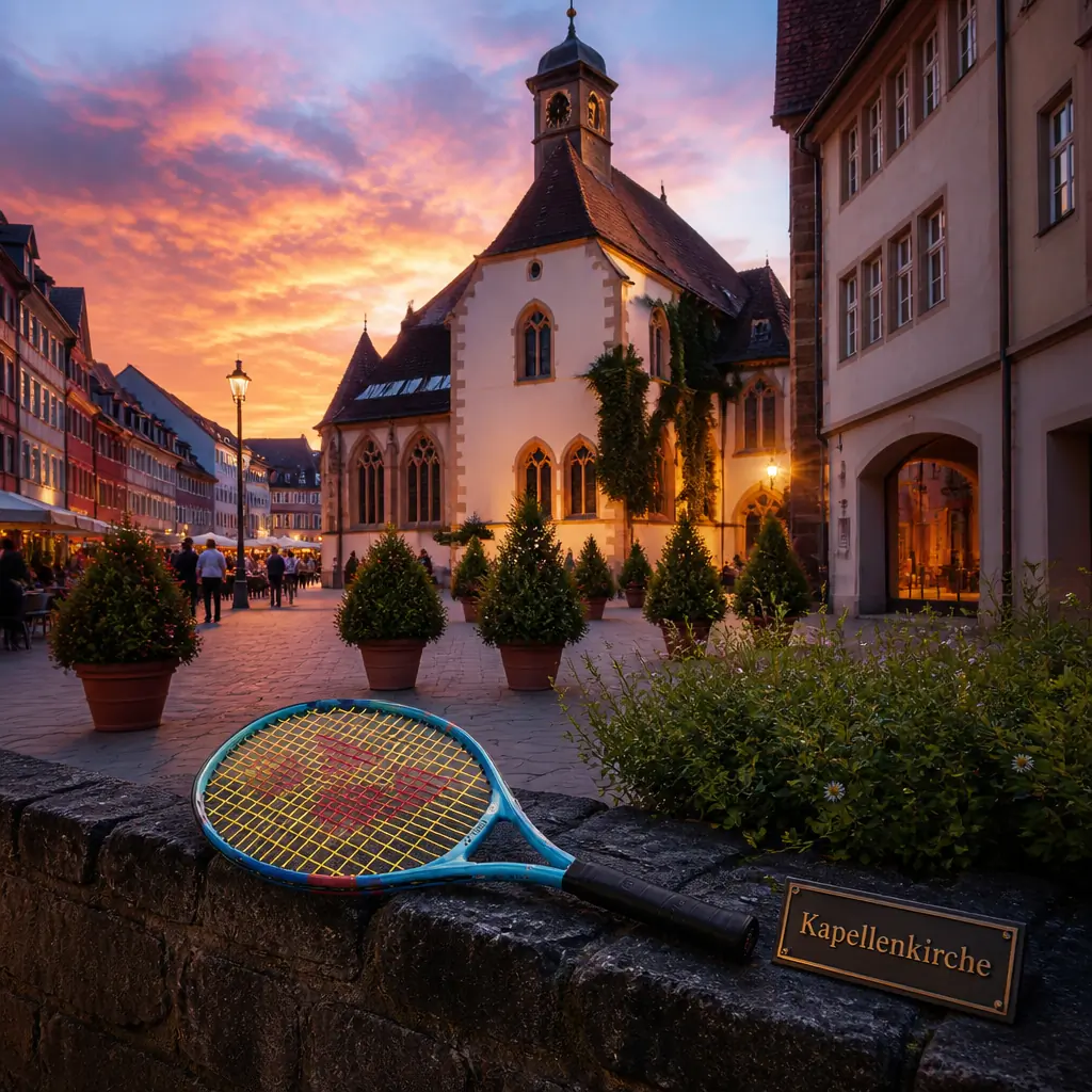cardio tennis classes for endorphins — Kapellenkirche in Rottweil, A church distinguished almost entirely by its tower: a very tall, richly worked Gothic stone tower with tiers of tracery, pinnacles and a filigree openwork upper stage and spire, far more elaborate than the modest body of the church behind it. It stands on the main street of the old town among the tall painted burgher houses with oriel windows that line it