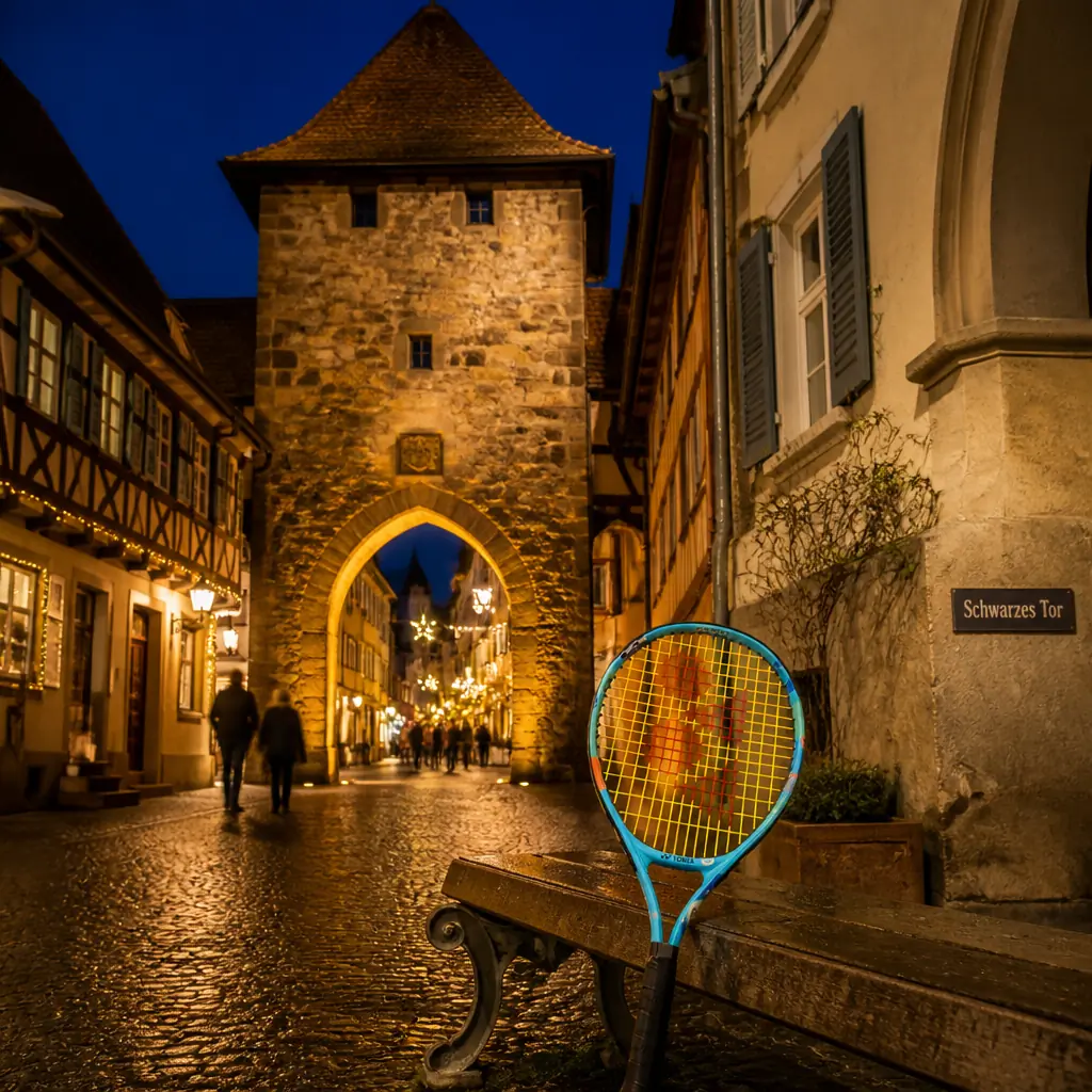 cardio tennis classes for endorphins — Schwarzes Tor in Rottweil, A tall square stone-and-plaster gate tower straddling the street at the end of the old town, with a wide arched passage at ground level driven straight through it and a steep tiled hipped roof above. The medieval houses of the street run up to it on both sides so that it closes the view along the street