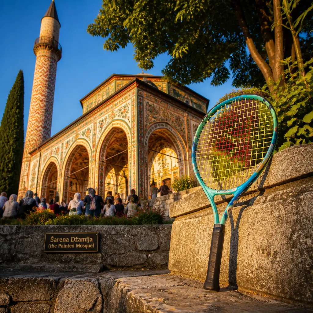 cardio tennis classes for grief support — Šarena Džamija (the Painted Mosque) in Tetovo, A square, single-storey mosque whose entire exterior is covered edge to edge in painted panels - geometric frames filled with flowers, fruit, arcades and painted architecture in red, blue, green and ochre - with a slim white minaret rising beside it; a covered porch runs along the front and a small domed tomb with the same painted decoration stands in the walled garden, with the Pena river running immediately alongside