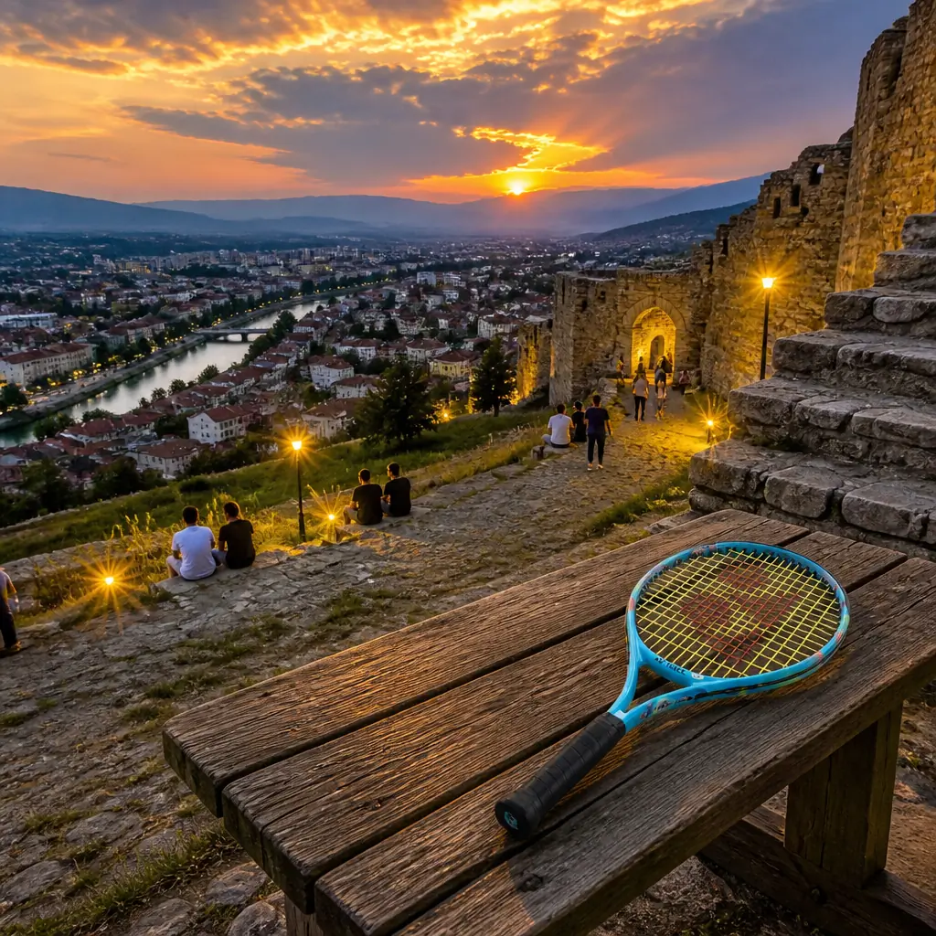 cardio tennis classes for grief support — Tetovo Fortress (Baltepe Kale) in Tetovo, Ruined stone curtain walls and gateways following the contours of a bare hill directly above the town, with sections of masonry still standing to full height and terraces of foundations inside; the walls are of rough grey stone with brick levelling courses, and the whole of Tetovo and the Polog plain is laid out below with the Šar Mountains behind