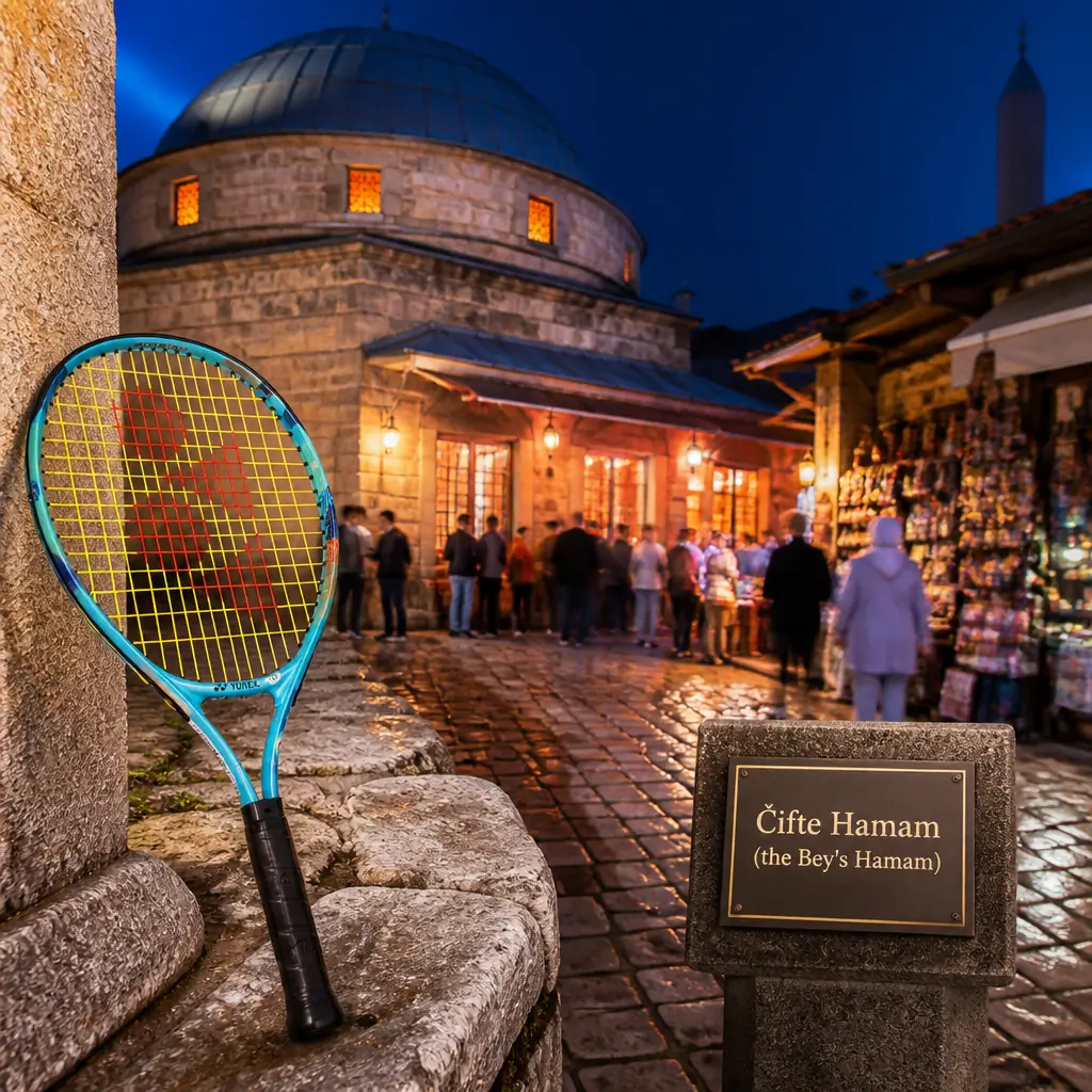 cardio tennis classes for grief support — Čifte Hamam (the Bey's Hamam) in Tetovo, A squat stone-and-brick Ottoman bathhouse with a cluster of shallow lead-grey domes of different sizes rising from a plain rectangular block, small round glazed apertures punched through the domes, and thick walls with few openings at ground level; it stands on the opposite bank of the Pena river from the Painted Mosque