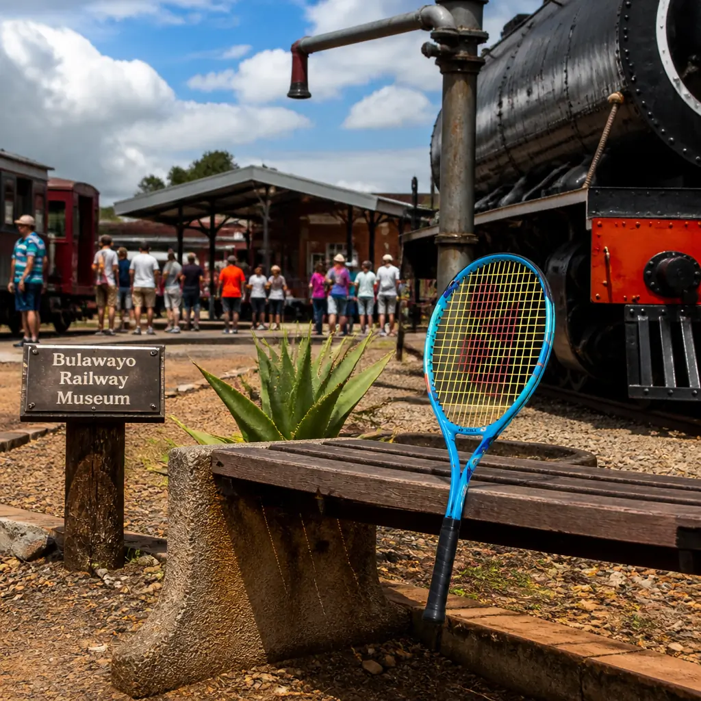 cardio tennis classes for happiness — Bulawayo Railway Museum in Bulawayo, An open trackside yard beside Bulawayo railway station filled with full-size steam locomotives standing in the open on rails, black boilers and red-painted running gear, including Garratt articulated engines with their distinctive long double-ended frames. A relocated period country station building serves as the reception, and a large brick main hall was the station's former mechanical workshop. Gravel ballast, parallel rails and rows of unfenced heavy steam machinery under open sky are the recognition cues