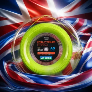 cardio tennis classes for social connection — the Yonex Polytour Pro 16g Tennis Strings Reel combined with the national flag of United Kingdom