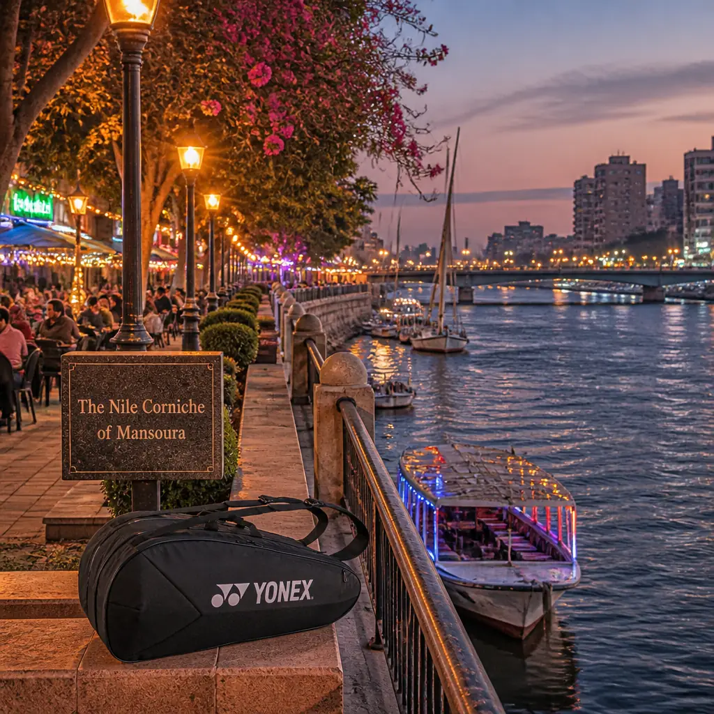 cardio tennis classes in 33311 — The Nile Corniche of Mansoura in Mansoura, A broad paved promenade running along the west bank of the Damietta branch of the Nile, edged with a low balustrade, palms and flowering trees, with cafés and tall apartment blocks on the landward side. Feluccas and small pleasure boats are moored below; the bridges to Talkha cross the water in full view, with the buildings of Talkha directly opposite
