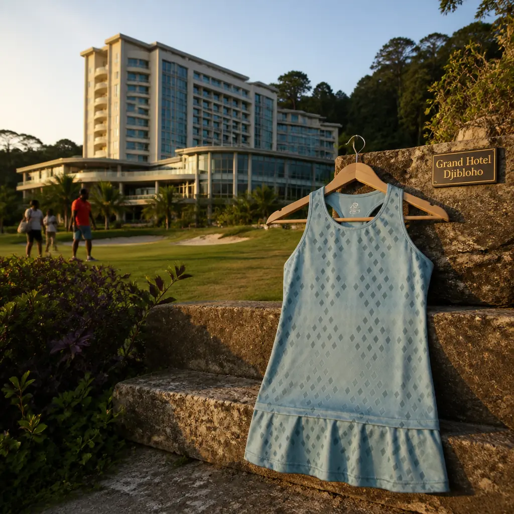 cardio tennis classes in 33314 — Grand Hotel Djibloho in Ciudad de la Paz, A large modern hotel block of pale render and glass standing isolated in cleared ground surrounded by dense rainforest, with a manicured golf course laid out immediately beside it and no other buildings close by