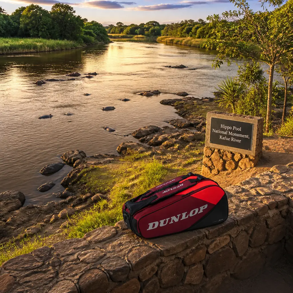 cardio tennis classes Shady Banks — Hippo Pool National Monument, Kafue River in Chingola, A deep still bend of a broad brown river enclosed by riverine forest and reeds, with low rock ledges at the water's edge and hippopotamus visible in the pool itself