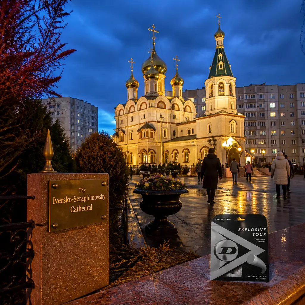 cardio tennis clinic — The Iversko-Seraphimovsky Cathedral in Ekibastuz, A modern masonry Russian Orthodox church with cupolas and crosses and an attached bell tower, standing among rows of Soviet-era apartment blocks in the town