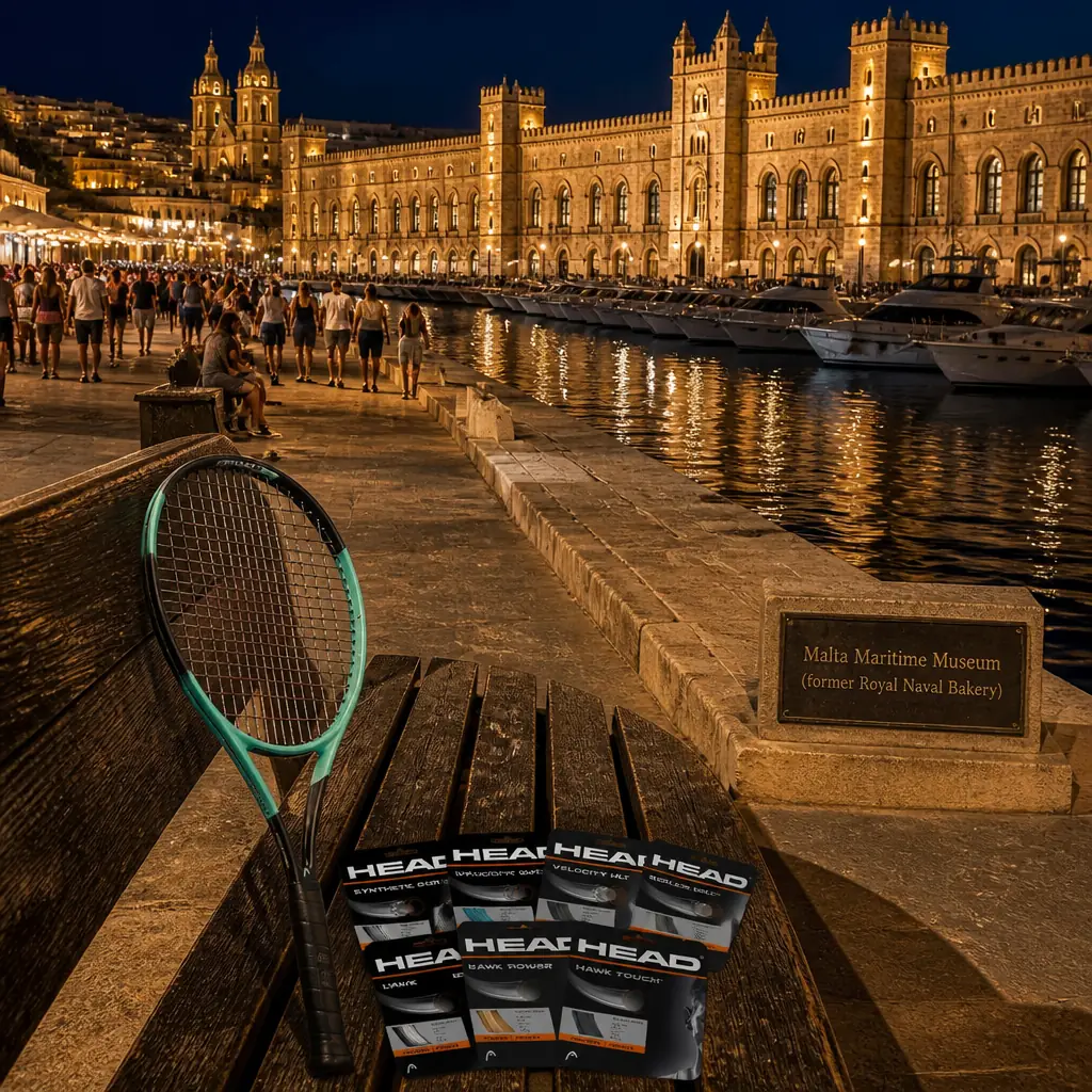 cardio tennis clinic Melrose Park — Malta Maritime Museum (former Royal Naval Bakery) in Birgu, A long castellated limestone building filling much of the Birgu waterfront along Dockyard Creek, its facade modelled on Windsor Castle with battlemented parapets and regular ranks of tall windows, standing directly on the quay behind moored yachts, far broader and lower than the church rising on the slope behind it