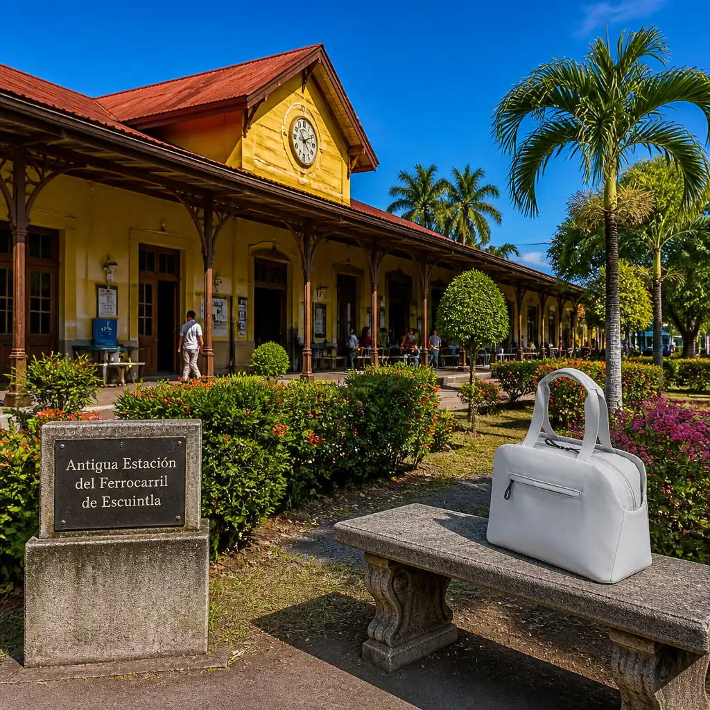 cardio tennis clinic Plantation — Antigua Estación del Ferrocarril de Escuintla in Escuintla, A long single-storey railway station with a deep shaded verandah running its full length, a pitched roof over the platform and a clock set in the gable, standing among palms on the flat ground at the edge of the town centre. The tracks beside it are disused and the small park laid out in front of the building survives