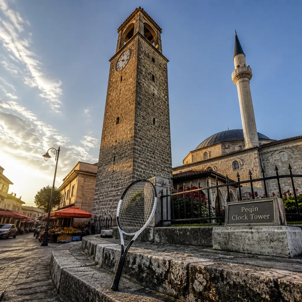 cardio tennis clinic Rio Vista — Peqin Clock Tower in Peqin, A tall square stone tower, a little over 20 metres, standing immediately beside the mosque in the middle of the small town's old bazaar area. Plain masonry shaft, a clock face near the top and an open belfry stage above it; it is visible over every roof in Peqin
