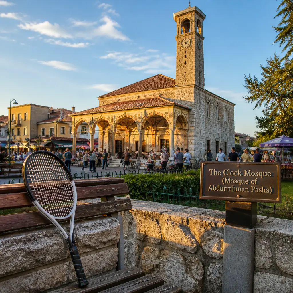 cardio tennis clinic Rio Vista — The Clock Mosque (Mosque of Abdurrahman Pasha) in Peqin, A stone mosque with a low pitched roof and an entrance portico dominating the town's main square, with the clock tower rising hard against its flank so that the two structures read from a distance as a single building