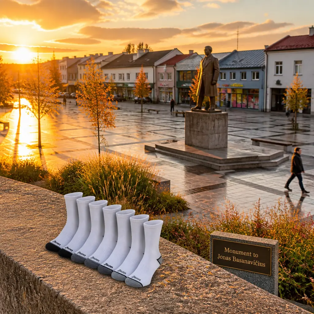 cardio tennis clinics 33019 — Monument to Jonas Basanavičius in Vilkaviškis, A standing bronze figure of a bearded man in a long overcoat on a stone plinth in the town's central square, the open paved square around it edged with low modern buildings and young trees