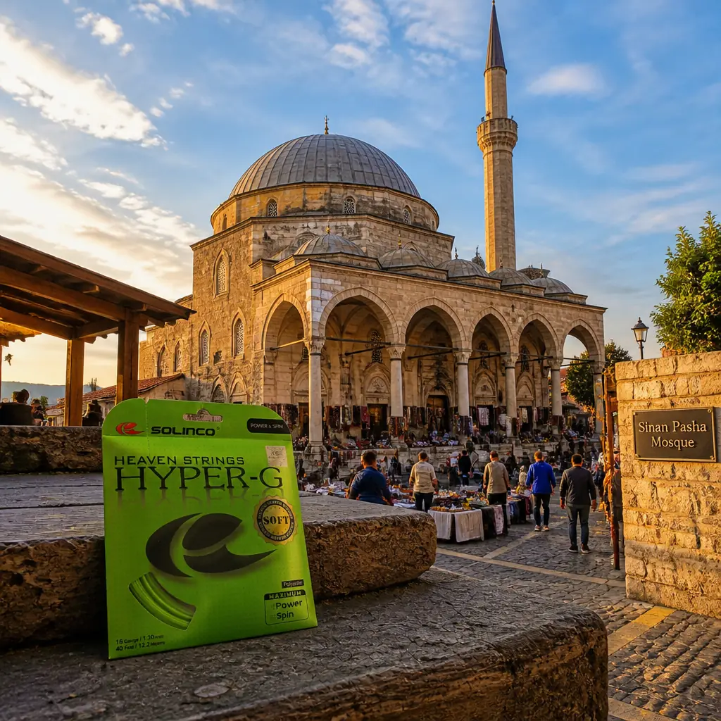 cardio tennis clinics 33313 — Sinan Pasha Mosque in Prizren, A large stone mosque dominating the central square of the old town beside the river, with a single high lead-covered dome over a square prayer hall, a five-bay porch of small domes on stone columns across the front, and one tall slender minaret with a single balcony. The stonework is pale and finely cut; the interior is densely painted with floral and calligraphic decoration