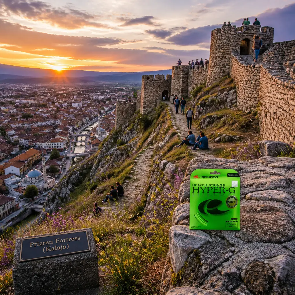 cardio tennis clinics 33313 — Prizren Fortress (Kalaja) in Prizren, A long stone fortress running along the crest of a steep hill directly above the old town, its curtain walls and round bastions following the ridge, with grassed and excavated foundations inside. There are no roofs - it is open masonry and turf. From the walls the whole town lies immediately below: dense red-tiled roofs, minarets and church towers, split by a narrow river running out of a gorge