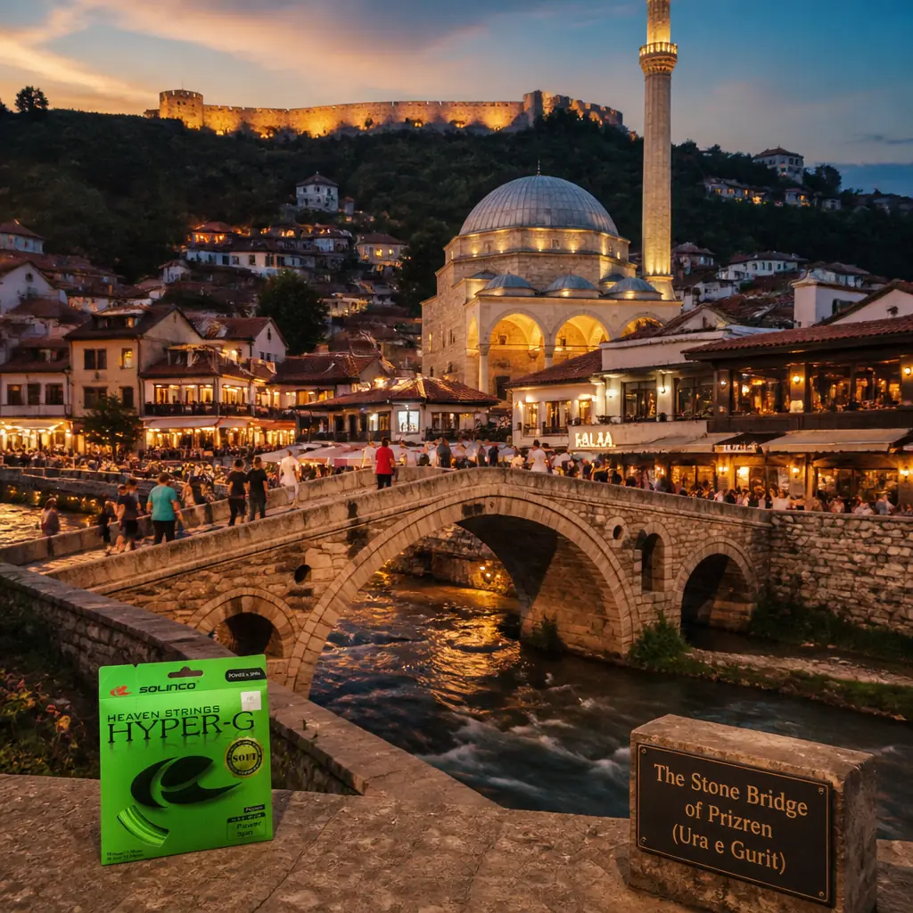 cardio tennis clinics 33313 — The Stone Bridge of Prizren (Ura e Gurit) in Prizren, A single-arch stone footbridge of pale dressed blocks over the shallow, fast Bistrica river in the middle of the old town, with a humped deck, low parapets and a cobbled surface. It stands directly in front of the great domed mosque, with cafés and shops crowding both banks and the fortress hill filling the sky behind