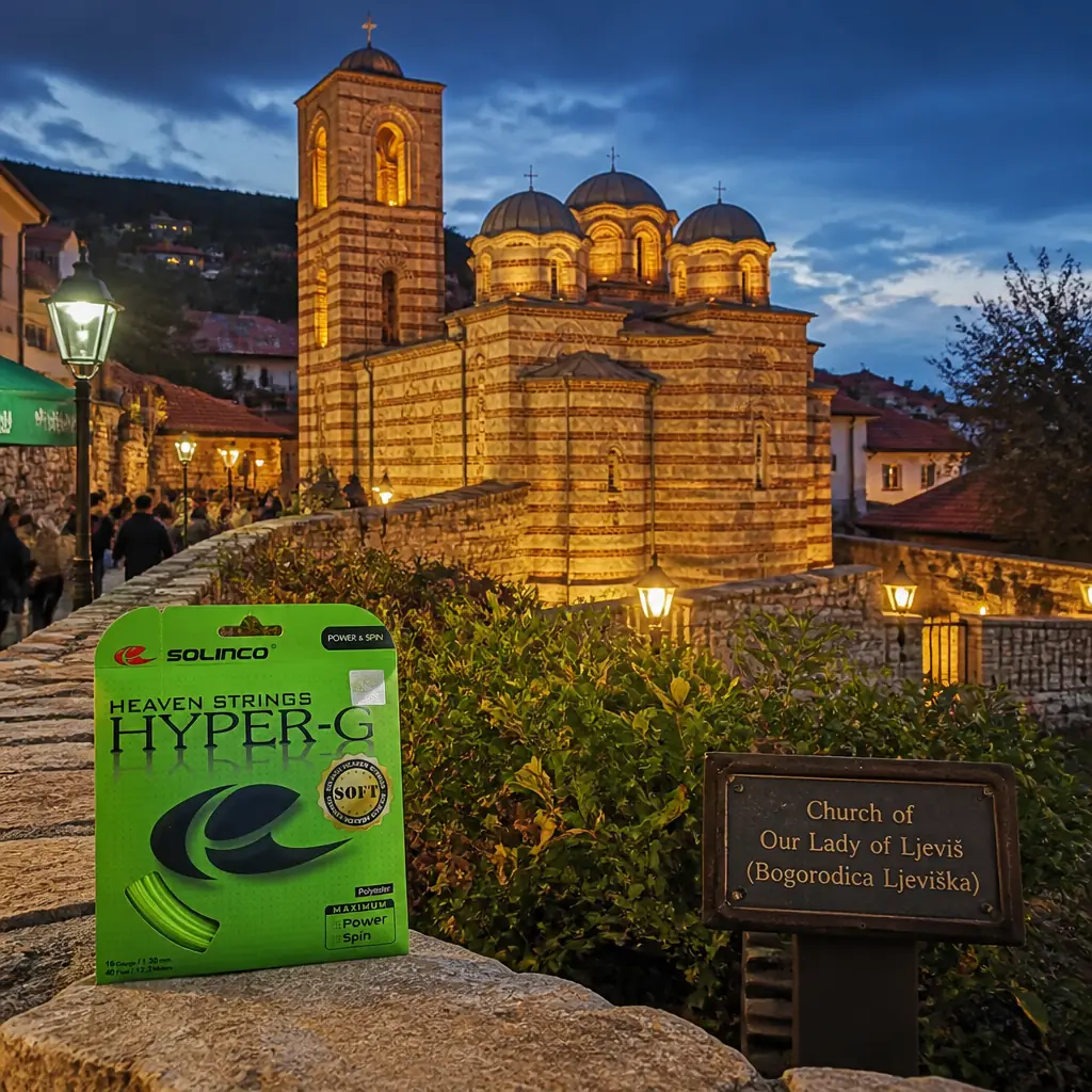 cardio tennis clinics 33313 — Church of Our Lady of Ljeviš (Bogorodica Ljeviška) in Prizren, A compact church of alternating bands of pale stone and thin red brick in the middle of the old town, with five domes over the body of the church and a square bell tower rising over the west entrance. The banded masonry and the tower make it immediately distinct from the domed stone mosques nearby. It sits in a walled enclosure a little above the surrounding streets