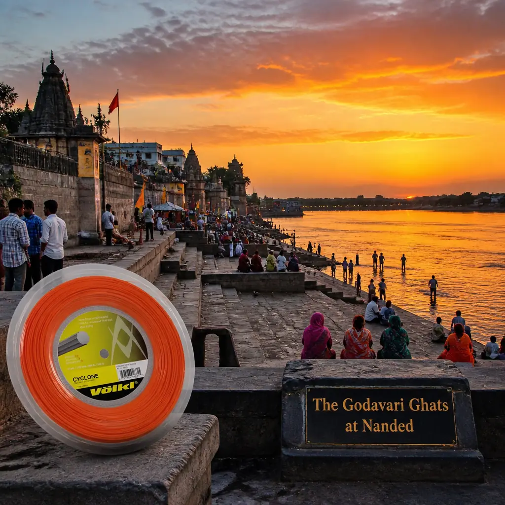 cardio tennis clinics in 33312 — The Godavari Ghats at Nanded in Nanded, Long flights of grey stone steps running the width of the riverbank down into the Godavari, broken by small square landings and low platforms. Concrete and stone embankment walls rise behind them, with the city's rooftops and temple spires above; the river is broad and slow here, often brown with silt, and the far bank is low and green