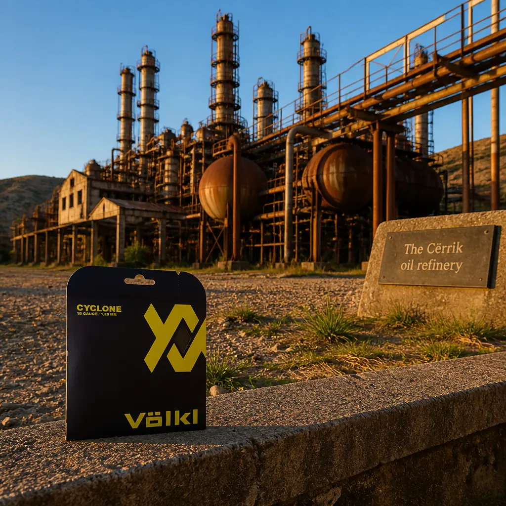 cardio tennis clinics in 33321 — The Cërrik oil refinery in Cërrik, Abandoned industrial complex of rusted distillation columns, spherical tanks, overhead pipe racks and roofless brick sheds spread across flat ground at the edge of the town, with bare hills rising behind it