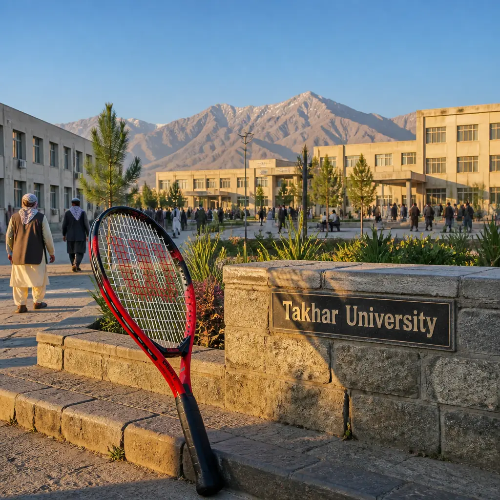 cardio tennis clinics in 33331 — Takhar University in Taloqan, A campus of low, flat-roofed teaching blocks in pale concrete and rendered brick set around dusty open quadrangles and young planted trees, on the north-western edge of the city where the built-up area gives out to irrigated fields; the buildings are plain and rectilinear with rows of identical square windows, and the bare foothills of the Hindu Kush stand on the skyline behind