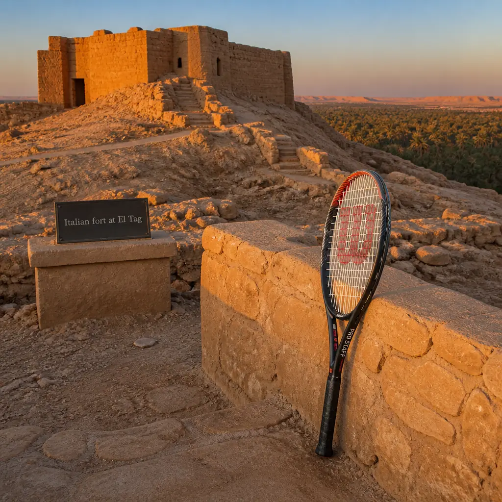 cardio tennis clinics in 33332 — Italian fort at El Tag in Al Jawf, A weathered stone-and-earth fort with thick defensive walls on open desert ground beside the village of El Tag, its plain rectangular outline overlooking the palm groves of the Kufra basin below