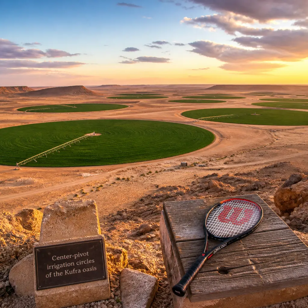 cardio tennis clinics in 33332 — Center-pivot irrigation circles of the Kufra oasis in Al Jawf, Scores of vivid green circular fields, each about one kilometre across, spread over the pale desert floor around Al-Jawf, seen at ground level as long straight irrigation booms rotating around a central well