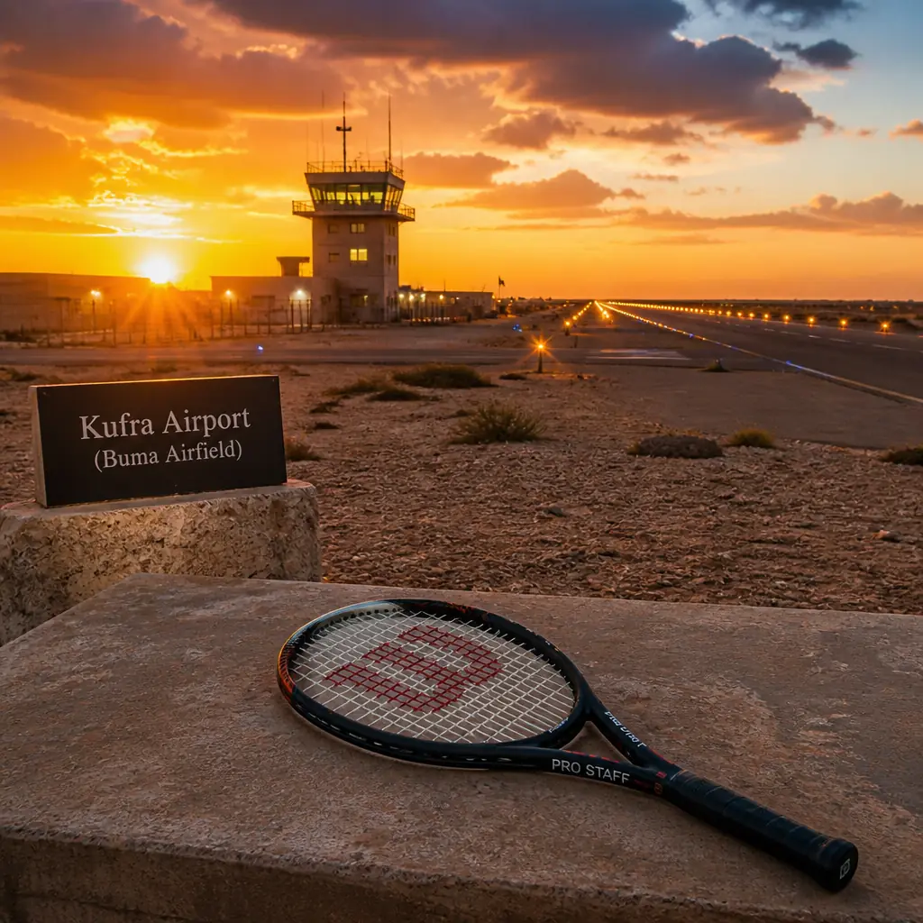 cardio tennis clinics in 33332 — Kufra Airport (Buma Airfield) in Al Jawf, A long asphalt runway with a small cluster of low buildings and a control tower on flat gravel desert just east of Al-Jawf, isolated from any other structures for kilometres around