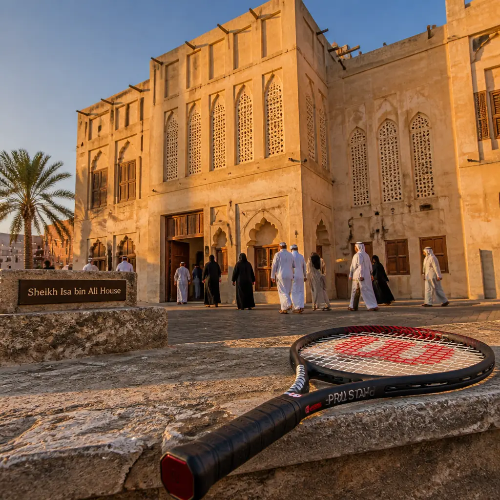 cardio tennis clinics in 33334 — Sheikh Isa bin Ali House in Al-Muharraq, A large cream-colored coral-stone courtyard house with ornate carved wooden doors and perforated gypsum window screens, arranged around four open courtyards in the old quarter of Muharraq