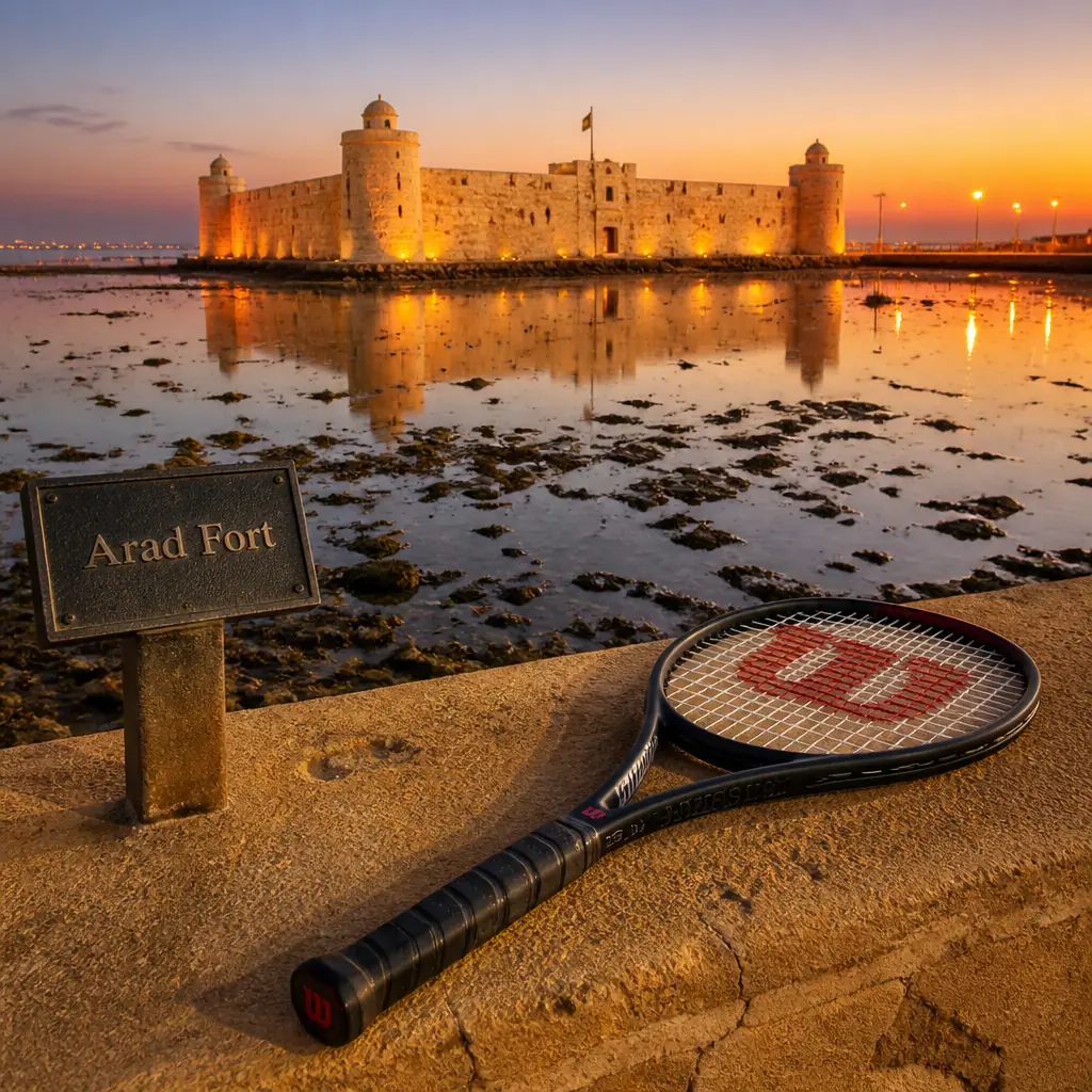 cardio tennis clinics in 33334 — Arad Fort in Al-Muharraq, A square coral-stone fort with a round watchtower at each corner, standing alone beside the sea on Muharraq's coastline, its pale walls reflecting in the shallow tidal water around it
