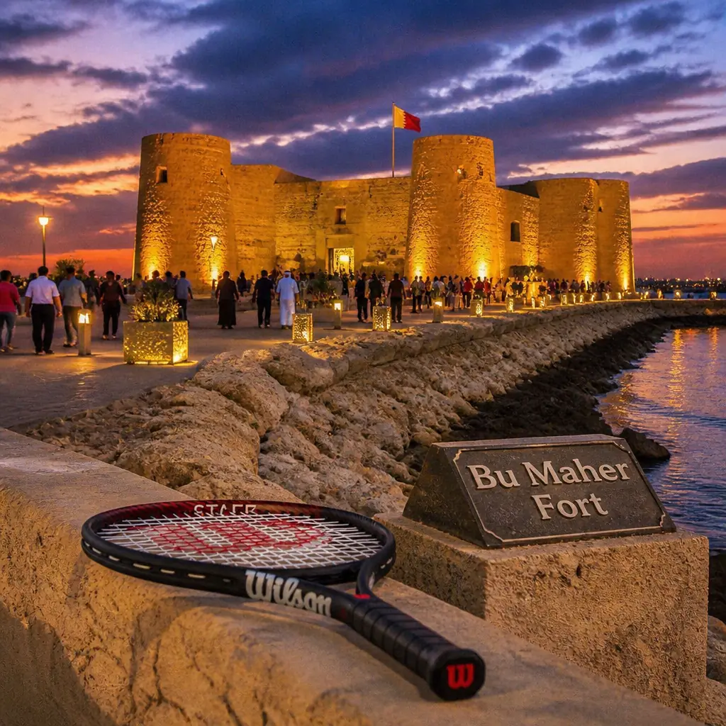 cardio tennis clinics in 33334 — Bu Maher Fort in Al-Muharraq, A low, weathered stone fort with four round corner towers on a narrow spit of land at Muharraq's southern shore, facing open water with no other structures nearby