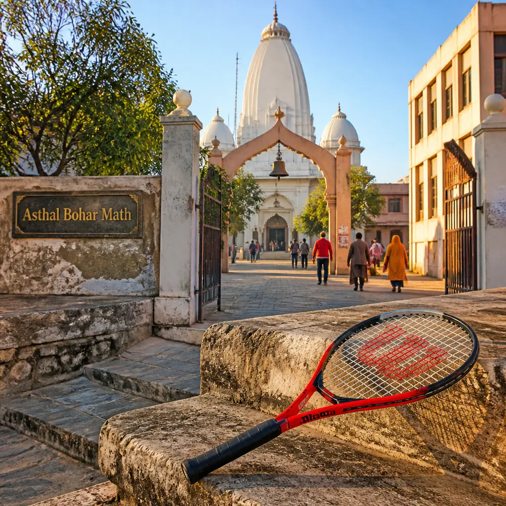 cardio tennis clinics in 33351 — Asthal Bohar Math in Rohtak, A large walled monastic compound on the eastern outskirts of the city, its main shrine a whitewashed structure with a rounded shikhara and small flanking domes, set behind an arched gateway and a wide paved forecourt. Around it stand the flat modern blocks of the schools and hospitals the math runs, so the old shrine sits at the centre of an institutional campus rather than alone