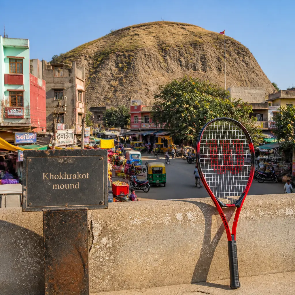 cardio tennis clinics in 33351 — Khokhrakot mound in Rohtak, A broad raised earth mound on the western side of the city, its surface uneven and its cut faces showing bands of grey and brown soil packed with brick rubble and potsherds. It stands several metres above the surrounding street level, grassed and scrubby on top, with the city's houses running right up to its foot