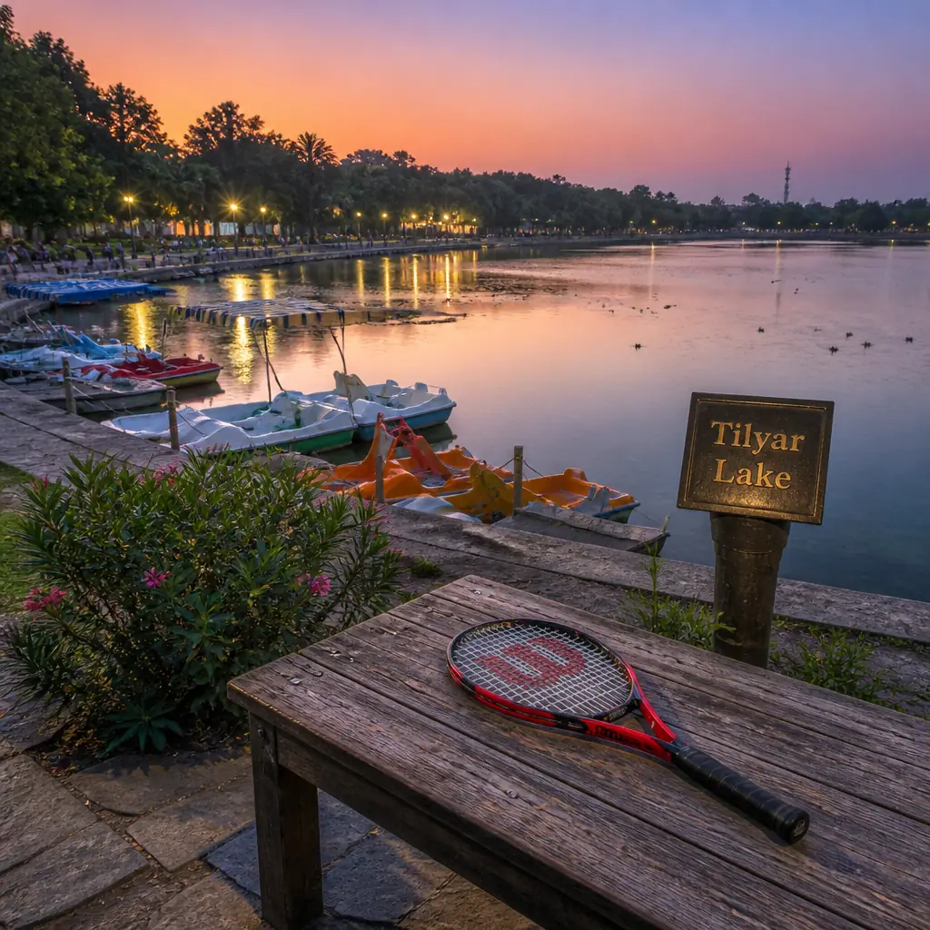 cardio tennis clinics in 33351 — Tilyar Lake in Rohtak, A large artificial lake on the edge of the city, roughly oval, with a made bank of paved and grassed edging, boats drawn up at a small jetty and heavy tree planting all round. The surrounding parkland is flat and green, and the water is shallow and still, with birds on it