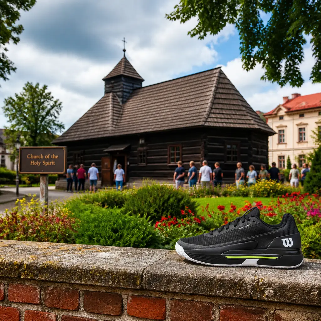 cardio tennis clinics Lake Ridge — Church of the Holy Spirit in Łask, A small church built entirely of dark horizontal timber logs, low and wide, under a shingled roof with a squat shingled turret. It stands in its own fenced plot and looks nothing like the brick and plaster buildings around it