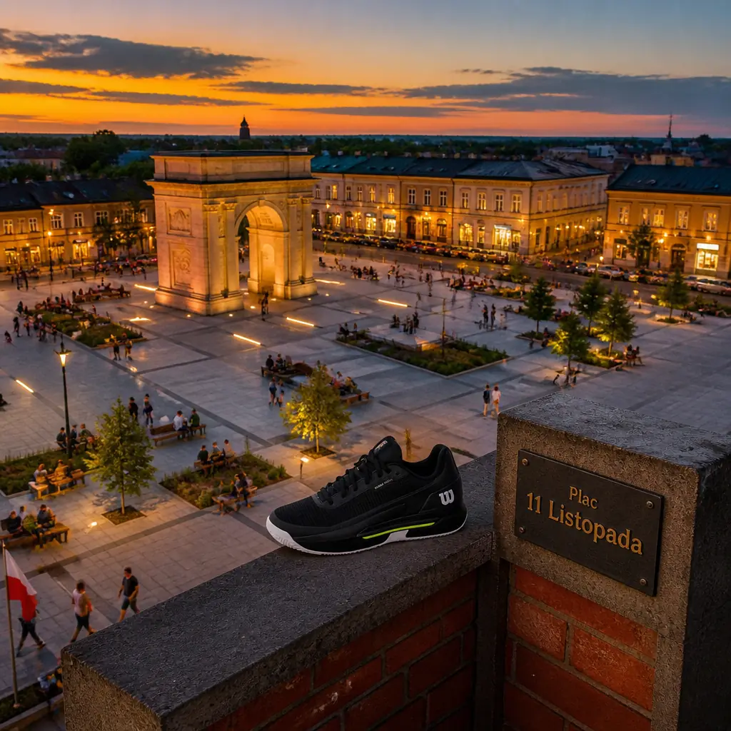 cardio tennis clinics Lake Ridge — Plac 11 Listopada in Łask, A large rectangular paved square in the middle of town, ringed by two- and three-storey plastered houses. A freestanding stone monument in the form of a triumphal arch stands within it, with modern paving, low planting and benches laid out around it
